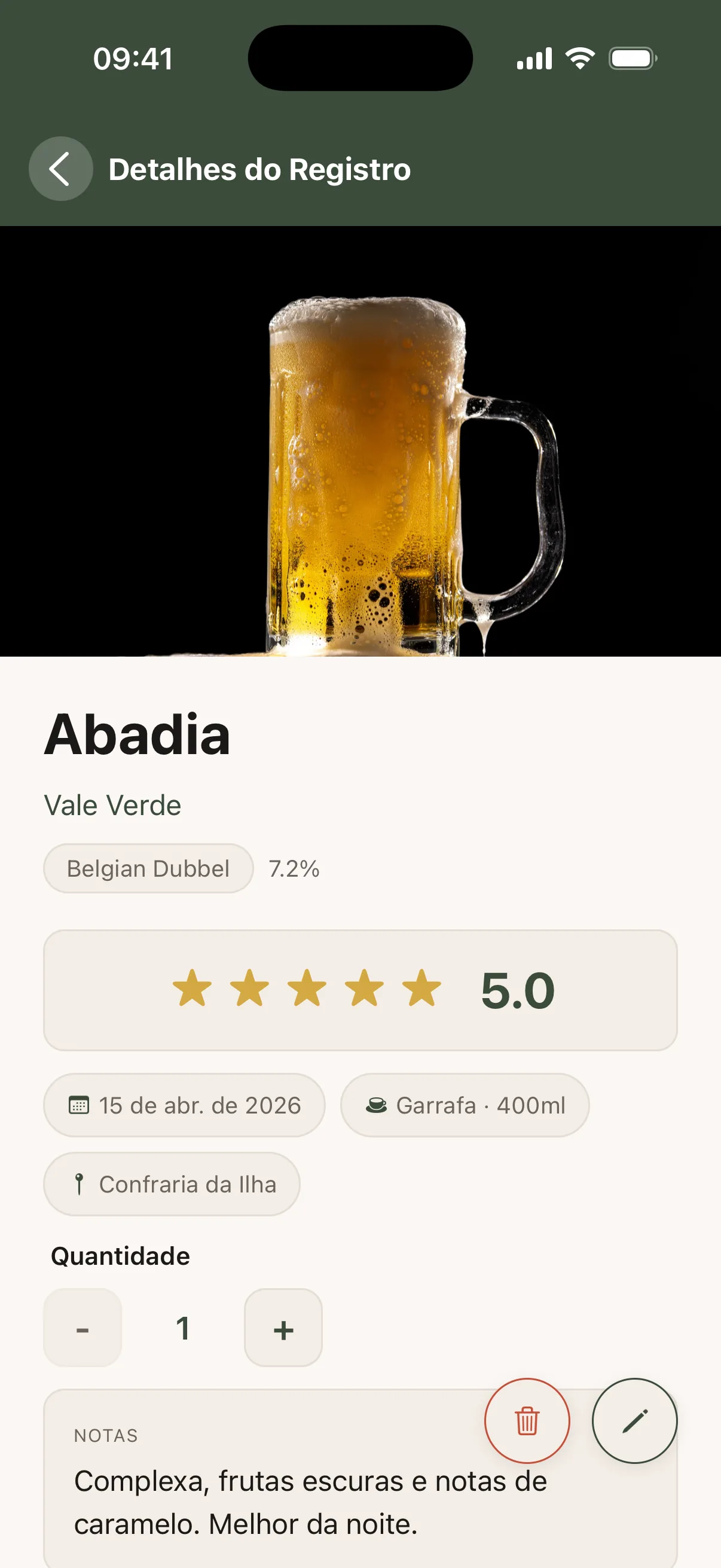 Tela de detalhe de um check-in no Lupu