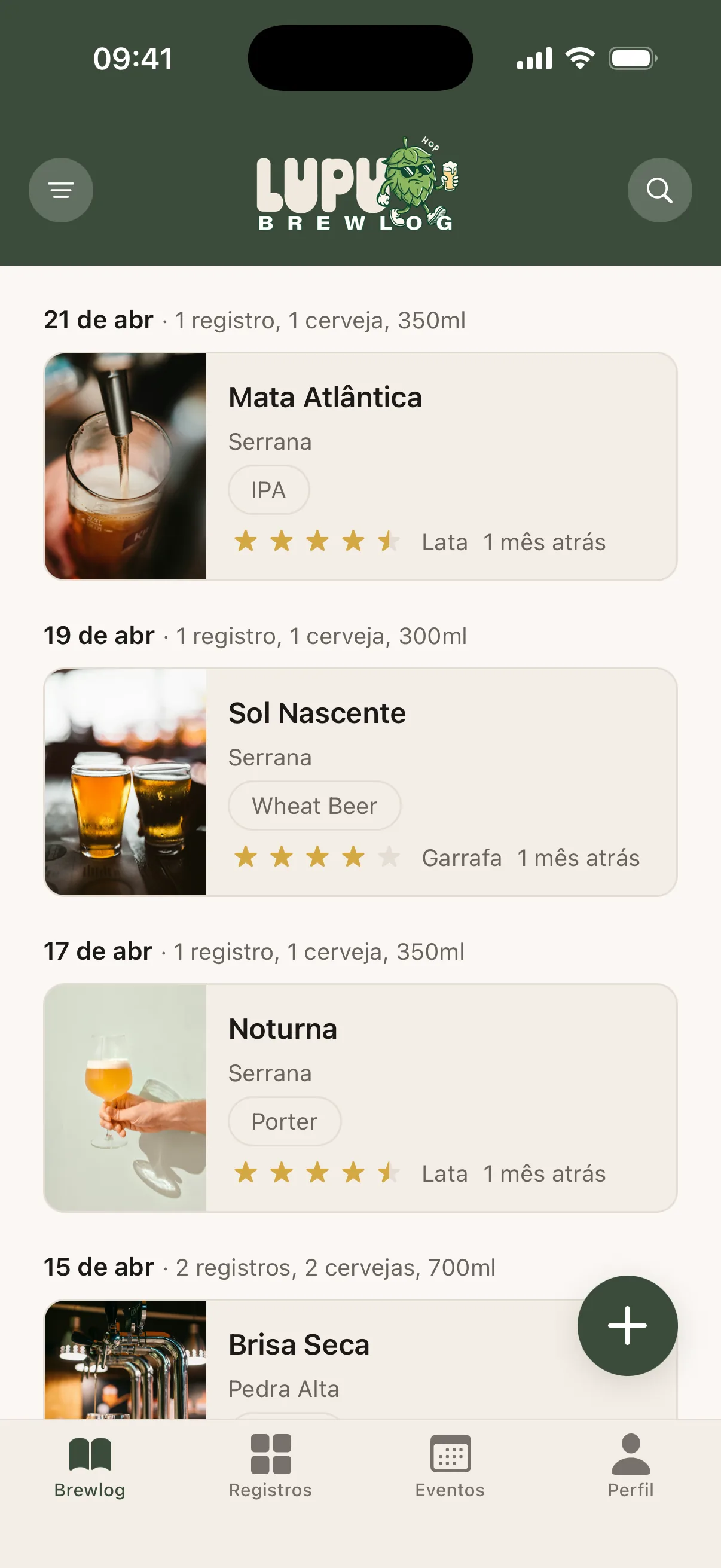 Tela do diário de cervejas no Lupu